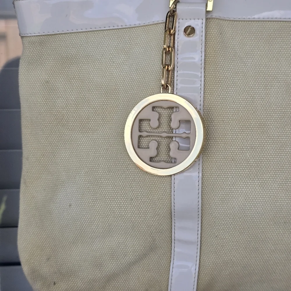 Tory Burch Jane Beige Canvas Tote Leather Purse Handbag Satchel Tan White Logo